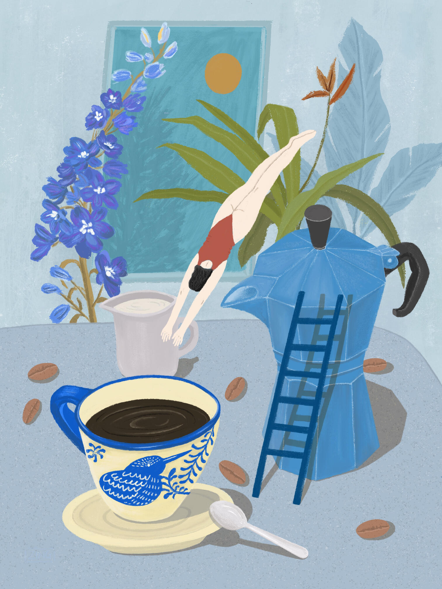 Refreshing moment. A cup of coffee brings the refreshing moment in the morning, a fresh start with joy and happiness. This is created for coffee lovers like me and advertising in coffee shop.