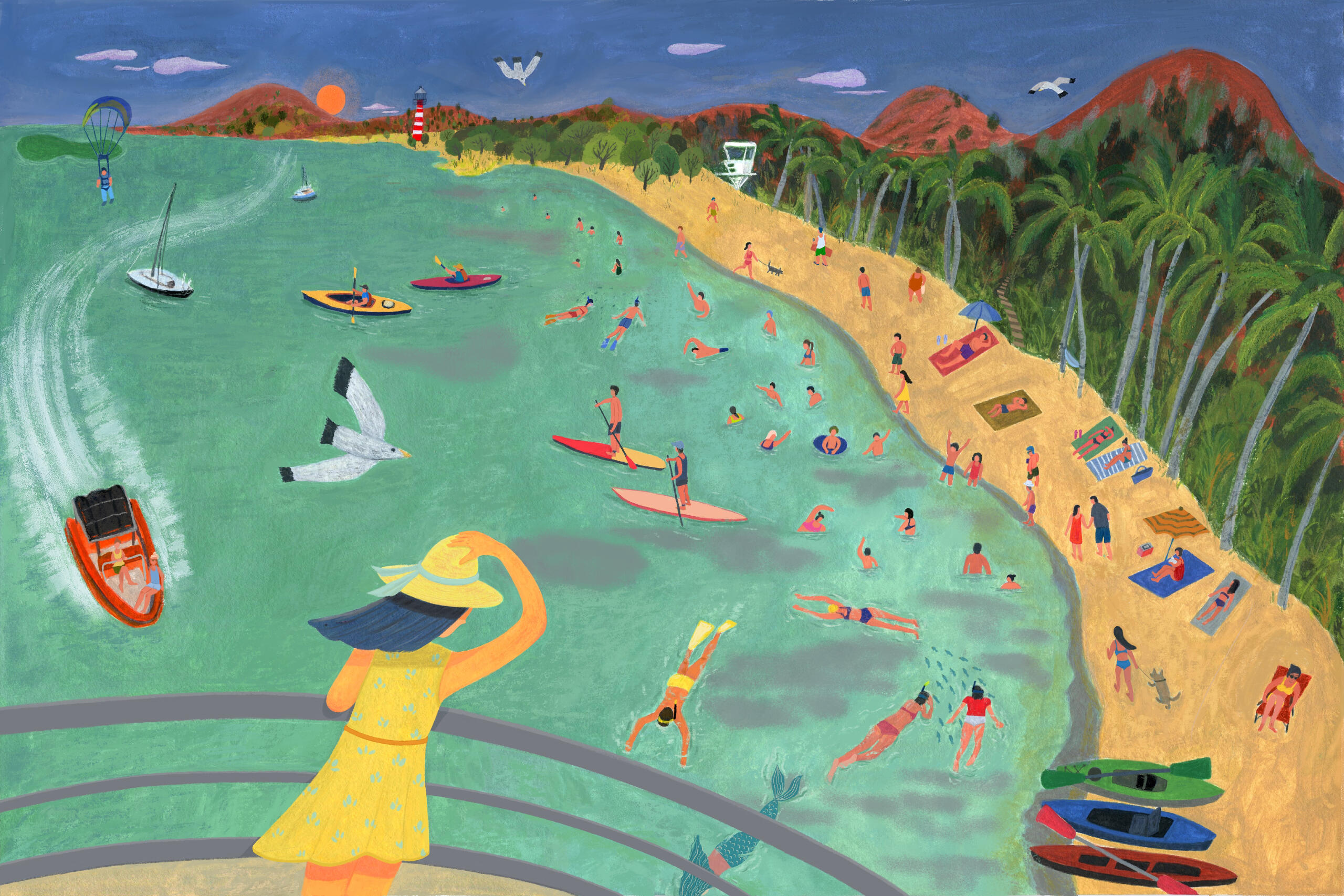 At the Beach * Gouache, acrylics and color pencil; 12"x18" on paper
